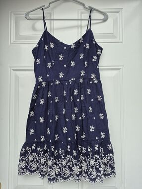 Blue Rain Navy Spaghetti Strap Embroidered Cottagecore Whimsigoth Mini Sundress